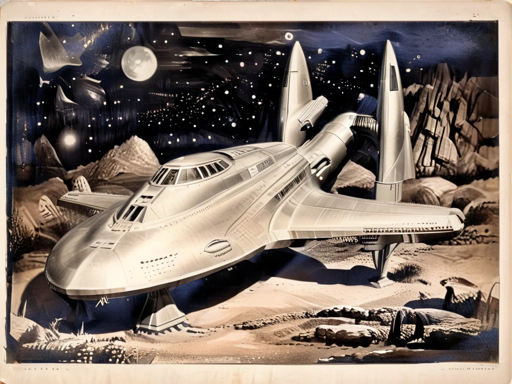 a spaceship slightly similar to the Enterprise from Star Trek in a retro 1940 version, cor estilo technicolor anos 1950,monochrome,arte de llbreton,  