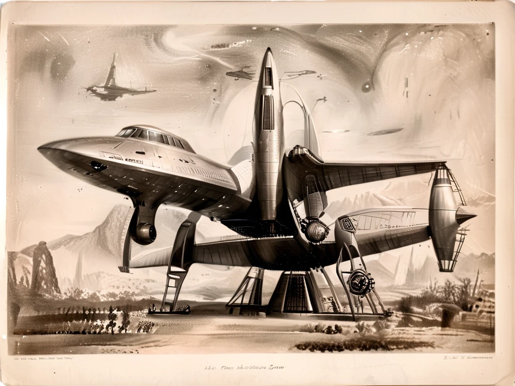 a spaceship slightly similar to the Enterprise from Star Trek in a retro 1940 version, cor estilo technicolor anos 1950,monochrome,arte de llbreton,  