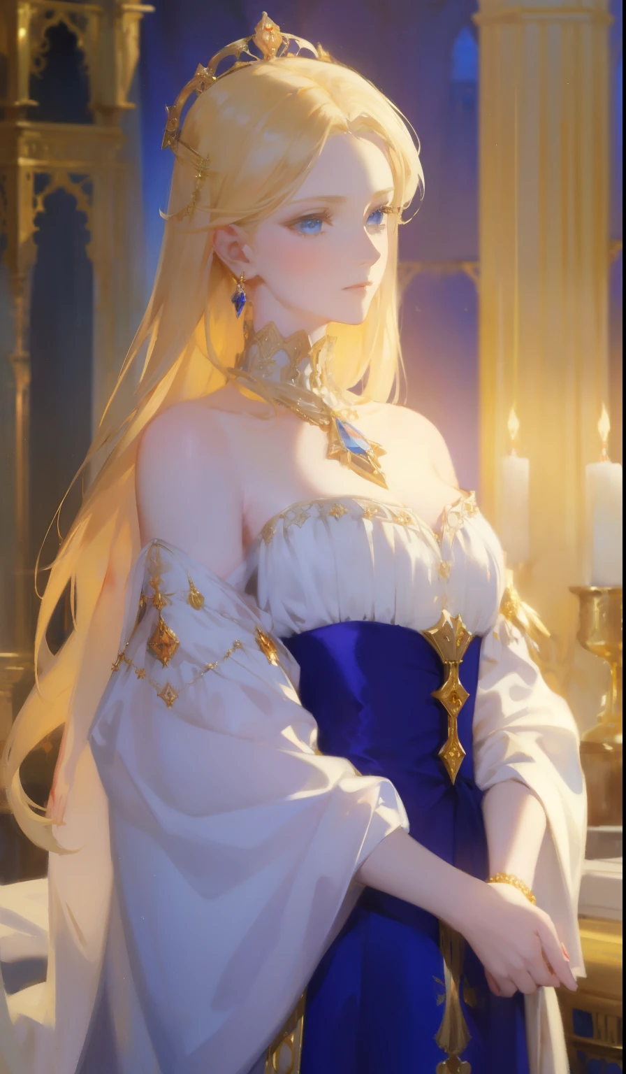 Fantasy, 19th century, empress, woman, delicate face, pale blonde hair, blue eyes, in a white royal dress with open shoulders, gold patterns on fabric, crystal jewelry, with a scarlet ribbon over the shoulder with the regalia of the monarch, Gothic castle made of white stone on the background, light, day, hd