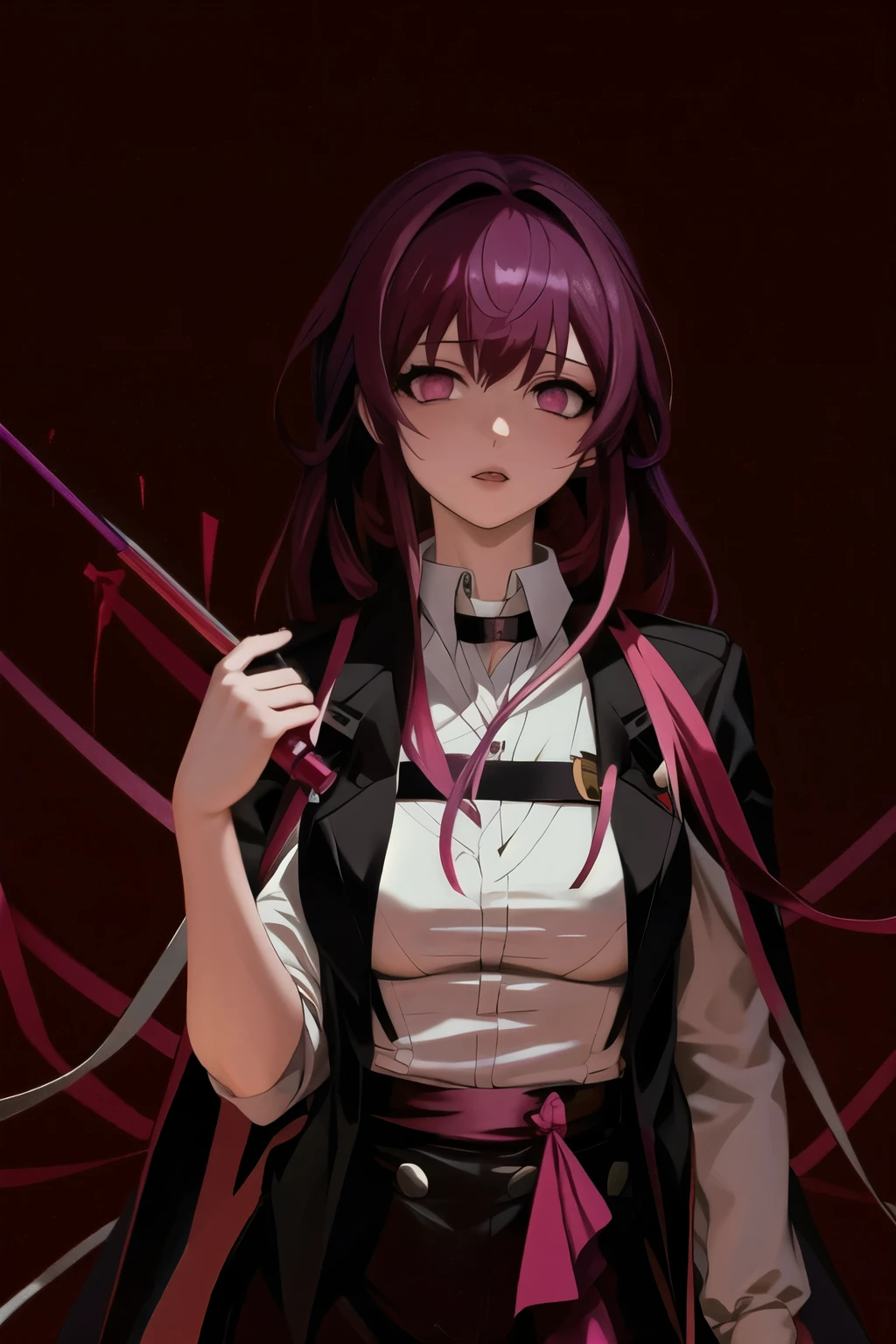 anime girl avec de longs cheveux violets et une tenue noire tenant un couteau, Gapmoe Yandere grimdark, I will tear the blood, yandere complexe, je vais l&#39;arracher au suzerain, Gapmoe Yandere, portrait Gapmoe Yandere grimdark, yandere, yandere. grand, Badass Anime 8K, akane owari danganronpa