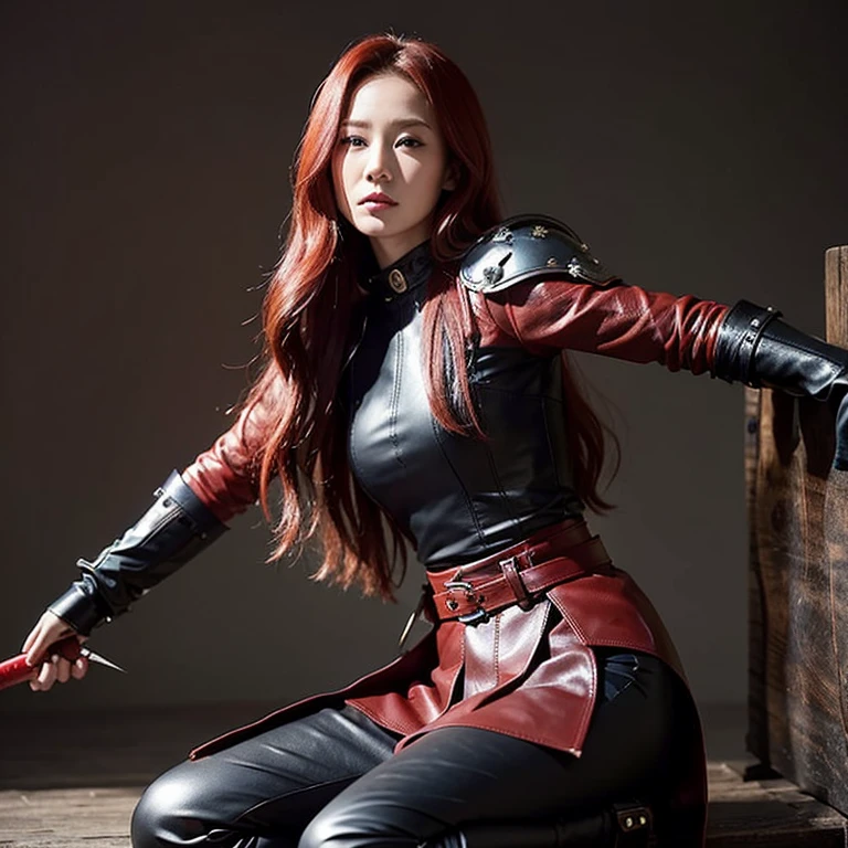 woman with red long hair. She wears leather boots, wide trousers that look like a skirt, a bright blouse and leather armor. She has a mischievous expression on her face and scars on her arms. She holds a sword in one hand, Her forearms are protected by leather bands. This is a side portrait