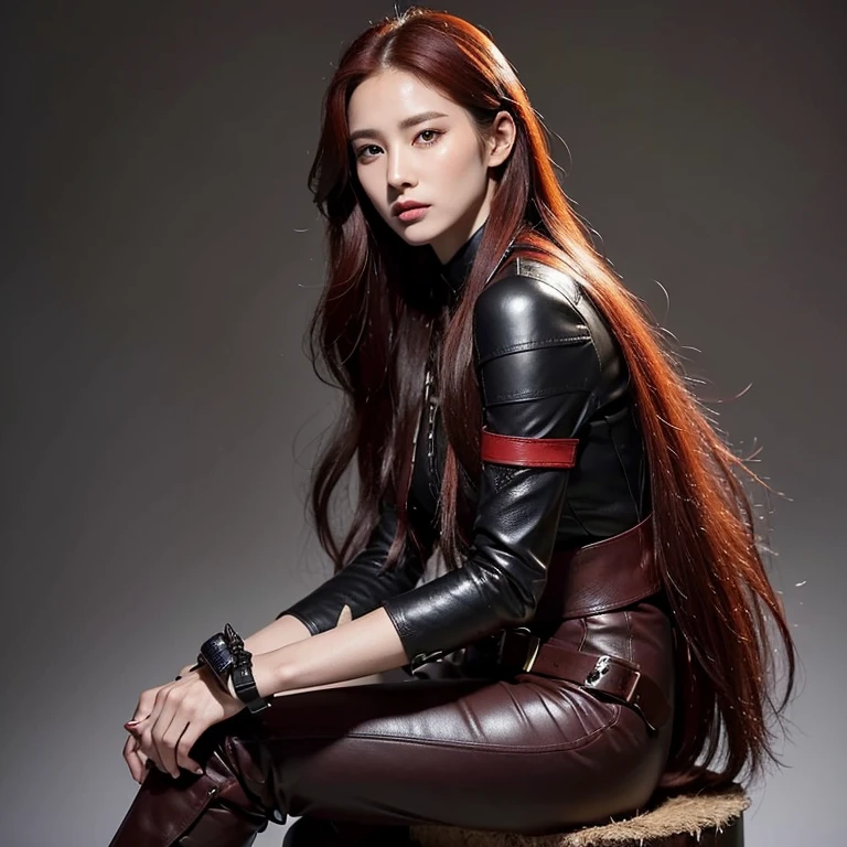 woman with red long hair. She wears leather boots, wide trousers that look like a skirt, a bright blouse and leather armor. She has a mischievous expression on her face and scars on her arms. She holds a sword in one hand, Her forearms are protected by leather bands. This is a side portrait