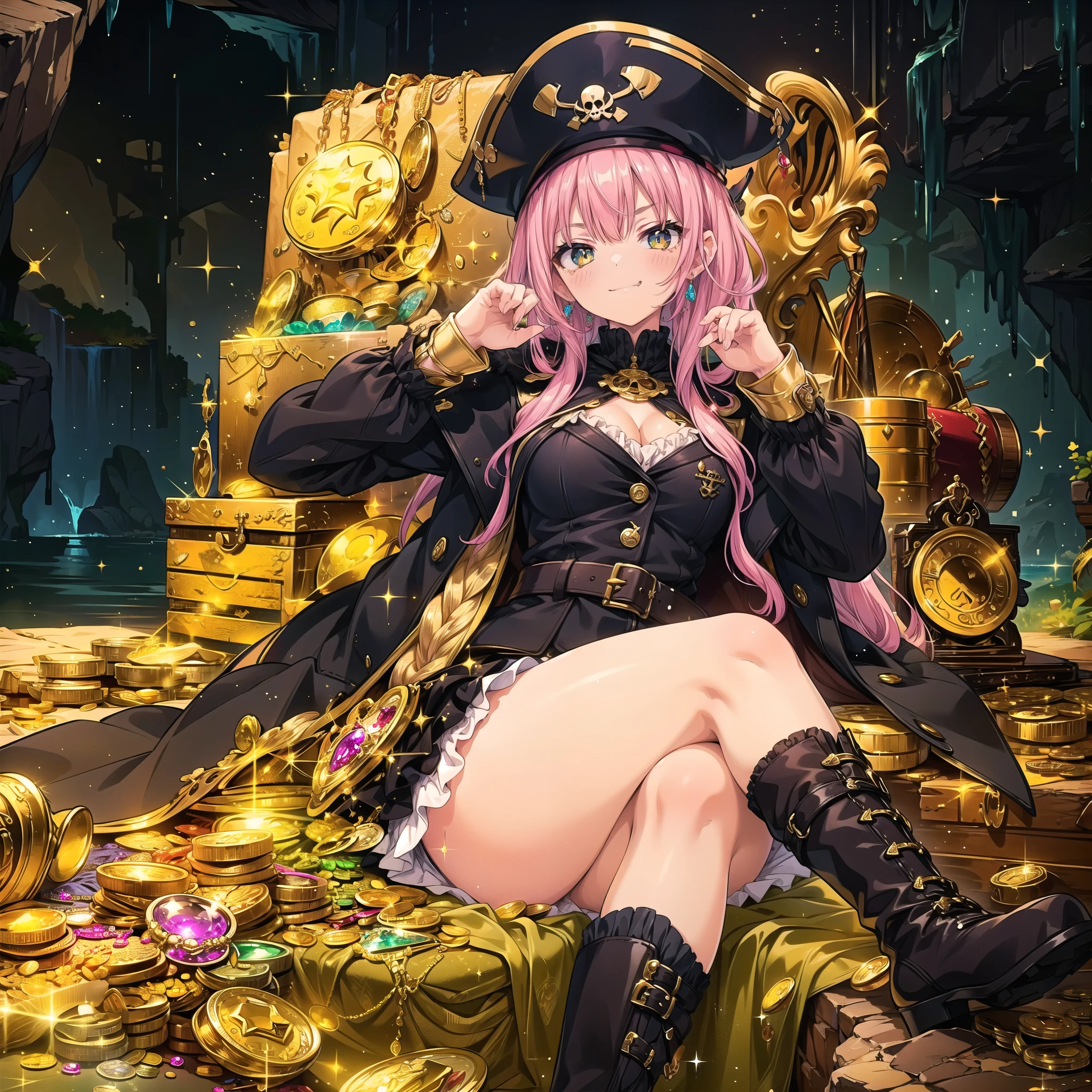 masterpiece, best quality, 1girl, solo, a girl in pirate suit with long hair sitting on the treasures and coins in a cave, (((treasures, jewel, gems, coins))), (glitter:1.3), long hair, pink hair, cleavage, captain hat, boots, frills, long coat, belts, crossed_legs_(lying), ((smug face)), frome below