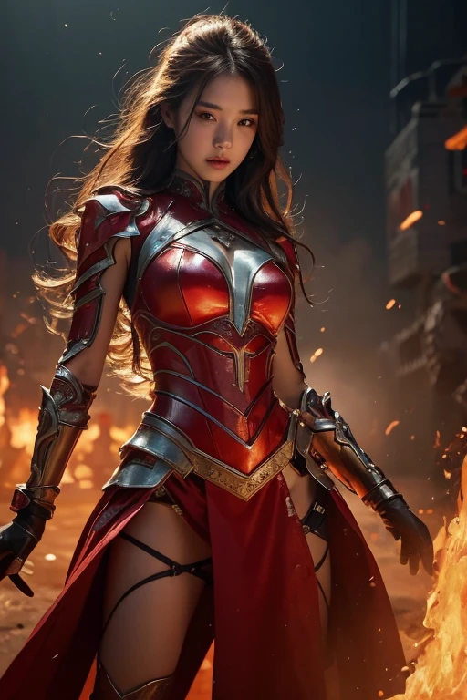 {{Masterpiece}}, Awesome rendering, Realistic display, การแสดงcolorแดงเข้ม, metal rendering, {{color ink painting}}}, {{splashing ink}}}, {{color}}, {{color}}, Spectacular display, best quality, illustration, flame, smoke, doomsday world, splashing ink fire sea doomsday, full body, 1 girl, Phoebe Cates' mixed face, big breast, deep rift, exquisite facial detailss, delicate facial features, Real face, beautiful detailss eyes, The pupils are deep., broken city detailss, beautiful detailss long hair, Wavy hair, broken details street, Transparent mechanical shaft, Cyborg girl, details, cool, tight grooming, lace decoration, Retouch costumes with linear lighting, Light Show, reflection, Highlights, holy light, ความconfident, charm, battle stance details close-up, fire day, {filigree}, colored background, The dragon stood behind the girl., Sea of Fire, {Tornado special effects}, beautiful detailss red dragon armor, (หน้าcool, confident) great depth, depth of field, 360° panorama, Fierce and beautiful battle scenes, broken glass, All fingers are hidden and not visible., small mouth closed