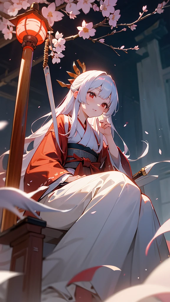 shrine maiden of ancient japanese shrine, pretty girl, kimono, long white hair, ruby red eyes, Princess, Kaguya, Haori, , Wield the shrine maiden's staff, summon spirits and ghosts, Ghosts and spirits fly around her, morning, blue sky,very detailed, vivid appearance, creative action, very detailed, imaginative, , Voluntary, highest quality, skin texture, intricate details, (cinematic lighting), Raw photo, 8K, masterpiece,highest quality,Super detailed,very detailedイラスト,very detailed,intricate details,High resolution,超intricate details,very detailed 8K cg wallpaper,cherry blossoms,cherry blossomsの巨木,cherry blossomsが舞う,cherry blossoms並木,Rin々new expression,sitting
