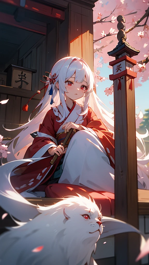 shrine maiden of ancient japanese shrine, pretty girl, kimono, long white hair, ruby red eyes, Princess, Kaguya, Haori, , Wield the shrine maiden&#39;s staff, summon spirits and ghosts, Ghosts and spirits fly around her, morning, blue sky,very detailed, vivid appearance, creative action, very detailed, imaginative, , Voluntary, highest quality, skin texture, intricate details, (cinematic lighting), Raw photo, 8K, masterpiece,highest quality,Super detailed,very detailedイラスト,very detailed,intricate details,High resolution,超intricate details,very detailed 8K cg wallpaper,cherry blossoms,cherry blossomsの巨木,cherry blossomsが舞う,cherry blossoms並木,Rin々new expression,sitting