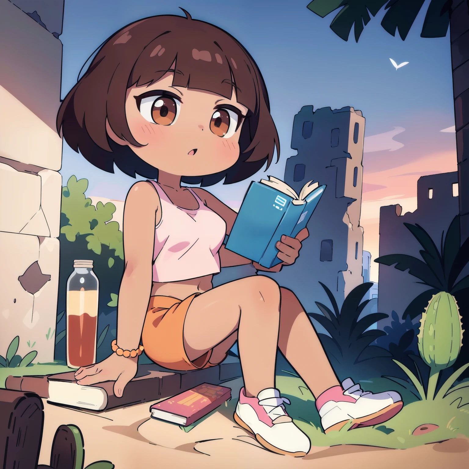 ((masterpiece, best quality)), full body, (solo 0.6), Dora, bracelet, (dark skin 0.6), dark brown hair, short hair, brown eyes, daytime, desert ruins, pink top, orange shorts, holding a book, young, large breasts