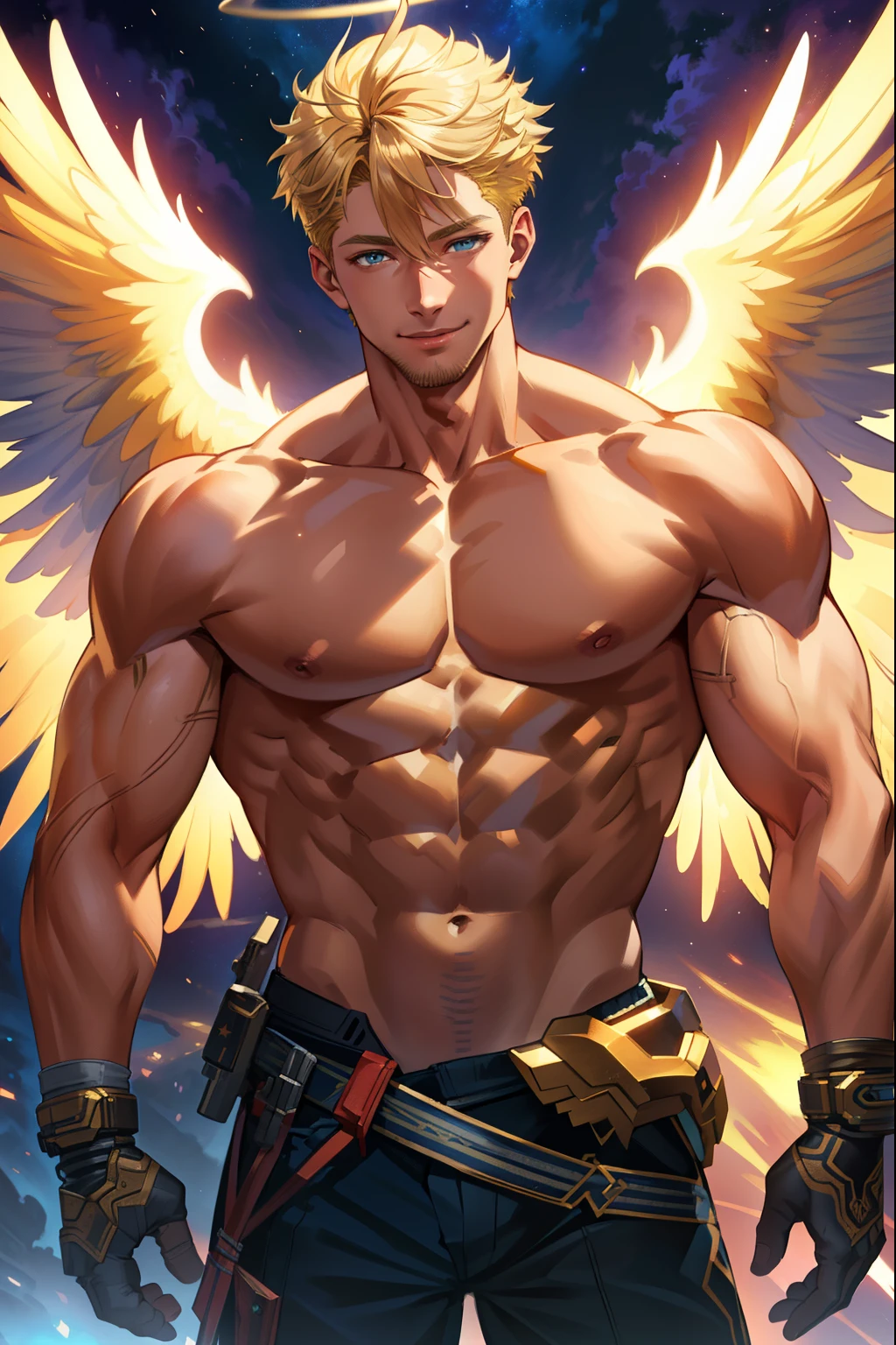 (masterpiece), best quality, expressive eyes, perfect face ,male focus, 1boy, solo, Brown hair, medium hair, clean hair, tall, angel, heavenly host, Soldier, halo, green eyes, shirtless, toned, abs, selfie, hazbin hotel
