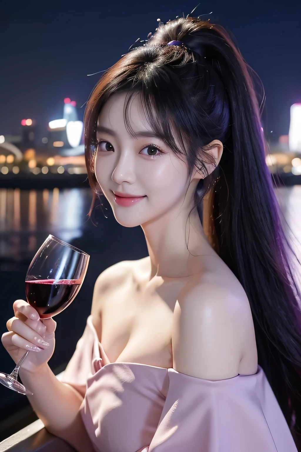 realistic photos of (1 Cute Korean actress 25 years old), Purple off-shoulder figure, In the city at night, Smiling, Canon EOS, Clear facial features, portrait closeup, Cinematic Mode, 8K、poneyTail, holding wine at the top of Singapore Marina Bay Sands