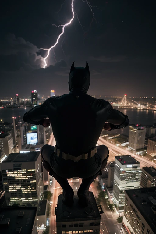 Batman sitting on top of a skyscraperand looking down at he city on fire the photo is taken as a drone shot from his back and adjust the ratio for a wallpaper make it night with lightning in sky. Make him stand on his leg