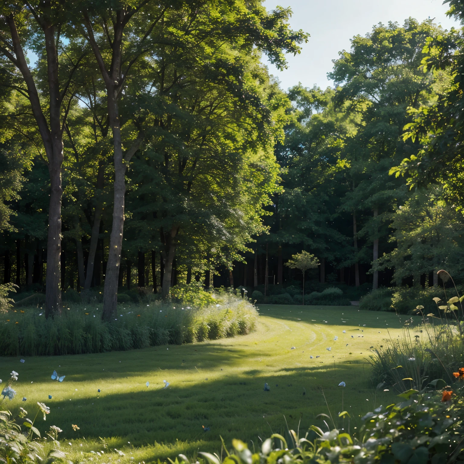 Create a green forest landscape with blue skies on a sunny day with butterflies and ladybugs