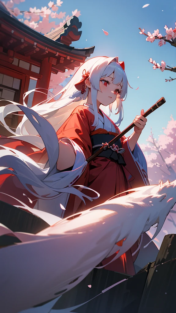 shrine maiden of ancient japanese shrine, pretty girl, kimono, long white hair, ruby red eyes, Princess, Kaguya, Haori, , Wield the shrine maiden's staff, summon spirits and ghosts, Ghosts and spirits fly around her, morning, blue sky,very detailed, vivid appearance, creative action, very detailed, imaginative, , Voluntary, highest quality, skin texture, intricate details, (cinematic lighting), Raw photo, 8K, masterpiece,highest quality,Super detailed,very detailedイラスト,very detailed,intricate details,High resolution,超intricate details,very detailed 8K cg wallpaper,cherry blossoms,cherry blossomsの巨木,cherry blossomsが舞う,cherry blossoms並木,Rin々new expression,cherry blossoms並木に立っている,多くのcherry blossoms,bright
