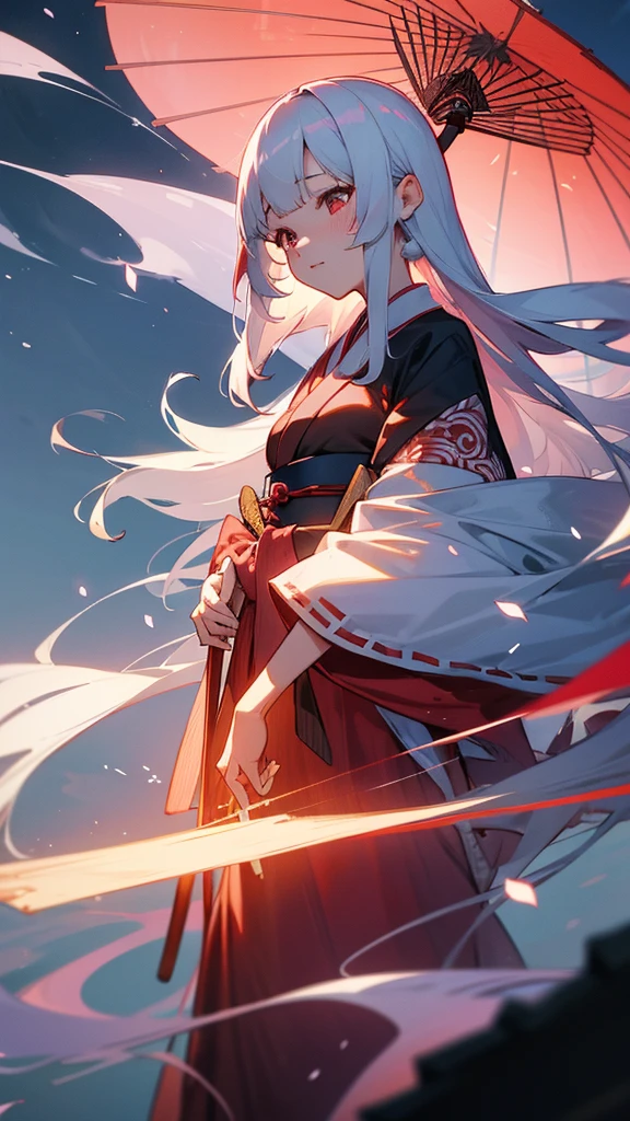 shrine maiden of ancient japanese shrine, pretty girl, kimono, long white hair, ruby red eyes, Princess, Kaguya, Haori, , Wield the shrine maiden&#39;s staff, summon spirits and ghosts, Ghosts and spirits fly around her, morning, blue sky,very detailed, vivid appearance, creative action, very detailed, imaginative, , Voluntary, highest quality, skin texture, intricate details, (cinematic lighting), Raw photo, 8K, masterpiece,highest quality,Super detailed,very detailedイラスト,very detailed,intricate details,High resolution,超intricate details,very detailed 8K cg wallpaper,cherry blossoms,cherry blossomsの巨木,cherry blossomsが舞う,cherry blossoms並木,Rin々new expression,cherry blossoms並木に立っている,多くのcherry blossoms,bright