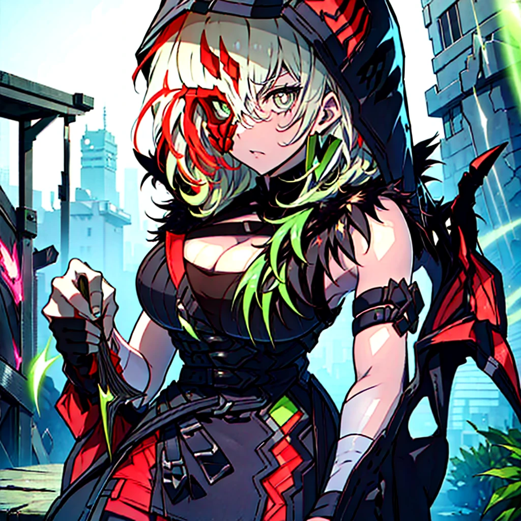 32 year old female ,tea green hair, red eyes, Thin, Big  ,Succubus, black light, magic circle, Make it like tarot anime style but without the frame, Eyes seductive, crimson energy, bright red particles