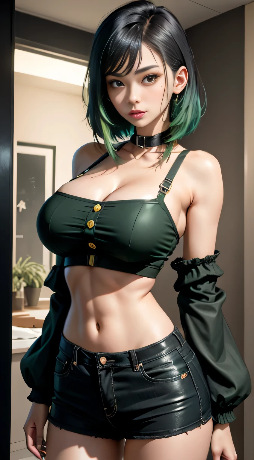 sfw, cute girl, Short dark green hair, beautiful yellow eyes, cat collar, Dark green hair, wearing bra,((skinny waist)), young asian girl, ((big breasted)),