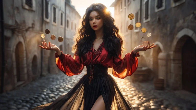 arafed woman in a long dress juggles coins in a street, inspired by Hedi Xandt, karol bak uhd, beautiful digital artwork, fantasy photography, by Hedi Xandt, witch paying for her sins, fantasy woman, fantasy style clothing, gorgeous woman, stunning woman, beautiful witch with long hair, by Alexander Kucharsky