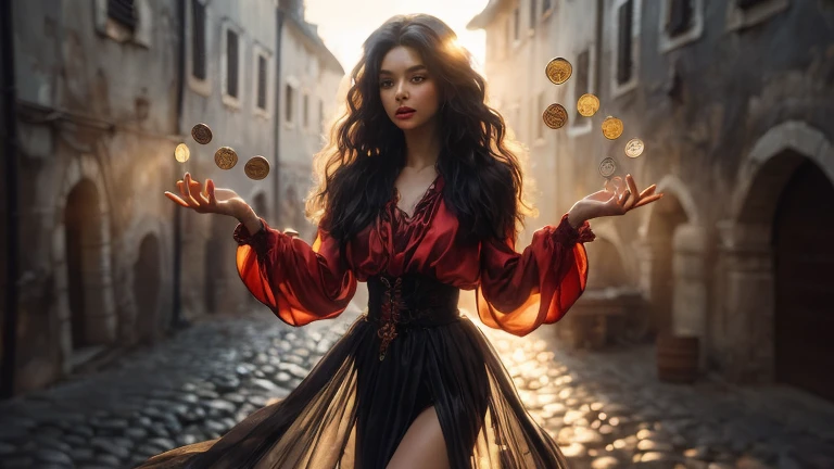 arafed woman in a long dress juggles coins in a street, inspired by Hedi Xandt, karol bak uhd, beautiful digital artwork, fantasy photography, by Hedi Xandt, witch paying for her sins, fantasy woman, fantasy style clothing, gorgeous woman, stunning woman, beautiful witch with long hair, by Alexander Kucharsky