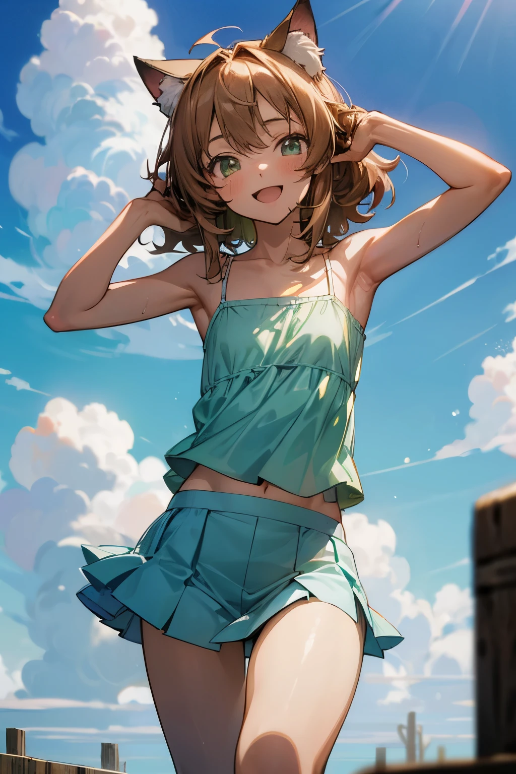 ((Masterpiece)), ((best quality)), (Anime:1.5), (RAW photo:1.2),(High Definition:1.3), (Professional Photography:1.2), (()), 1 girl, Cute Beautiful Girl, (cinematic lighting), Very messy medium hair, (slightly exposed small chest), Beautiful , (sexy camisole top), oversized white camisole, (Fluorescent green miniskirt), Slender body, (Victory pose), Sweaty skin, (Naughty smile:1.3), open mouth, Textured skin, Cat ears, Pale brown hair, BREAK, ((best quality)), cumulonimbus cloud, summer day, okinawa, (on the tropical country),