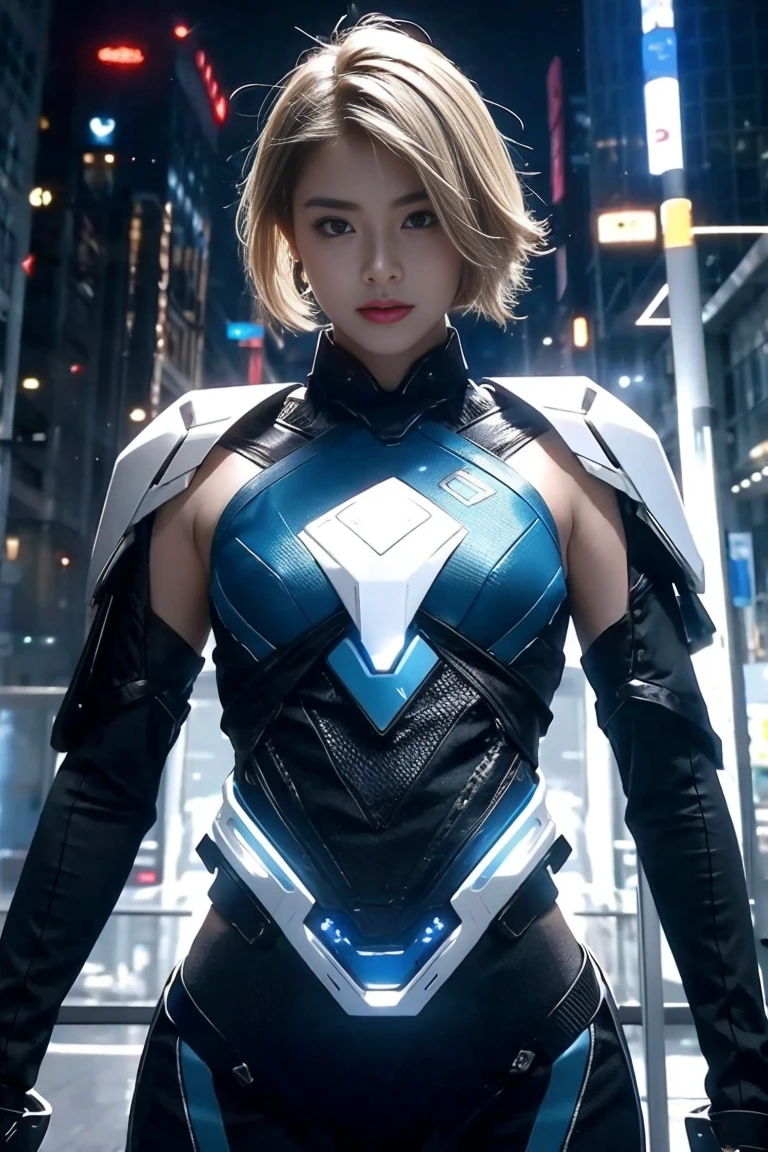 Beautiful mech warrior, Small white battle suit with blue LED lights., Show belly, Short blonde hair, shaved on one side, high-tech, assassin, Show a lot of skin, Oily skin, Show your belly, cyberpunk city background, of the future, Detailed and complex, rift, sexy masterpieces, best quality, Highest quality, high definition, Highly detailed, 8k, The body is strong and fit., naughty, perfect hand, hand details, perfect eyes, Detailed eyes, flirtatious, sexy, realistic, do not have, do not have, dynamic, rift
