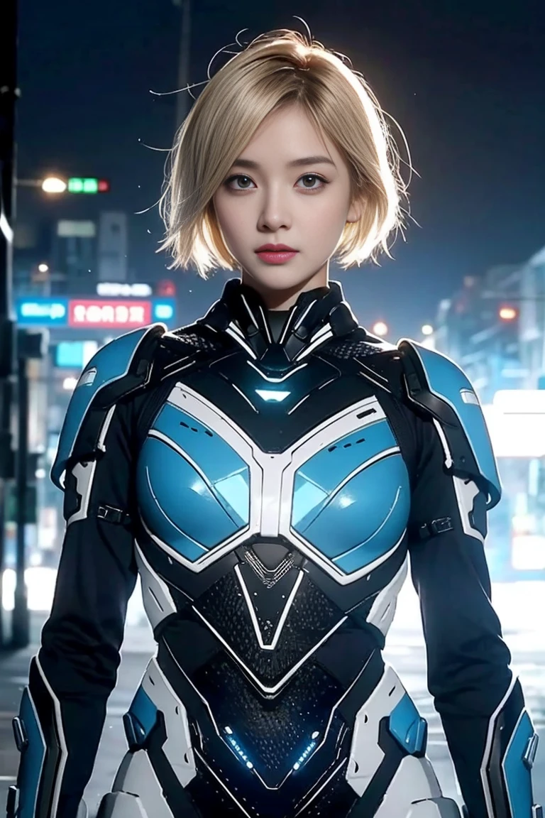 Beautiful mech warrior, Small white battle suit with blue LED lights., Show belly, Short blonde hair, shaved on one side, high-tech, assassin, Show a lot of skin, Oily skin, Show your belly, cyberpunk city background, of the future, Detailed and complex, rift, sexy masterpieces, best quality, Highest quality, high definition, Highly detailed, 8k, The body is strong and fit., naughty, perfect hand, hand details, perfect eyes, Detailed eyes, flirtatious, sexy, realistic, do not have, do not have, dynamic, rift