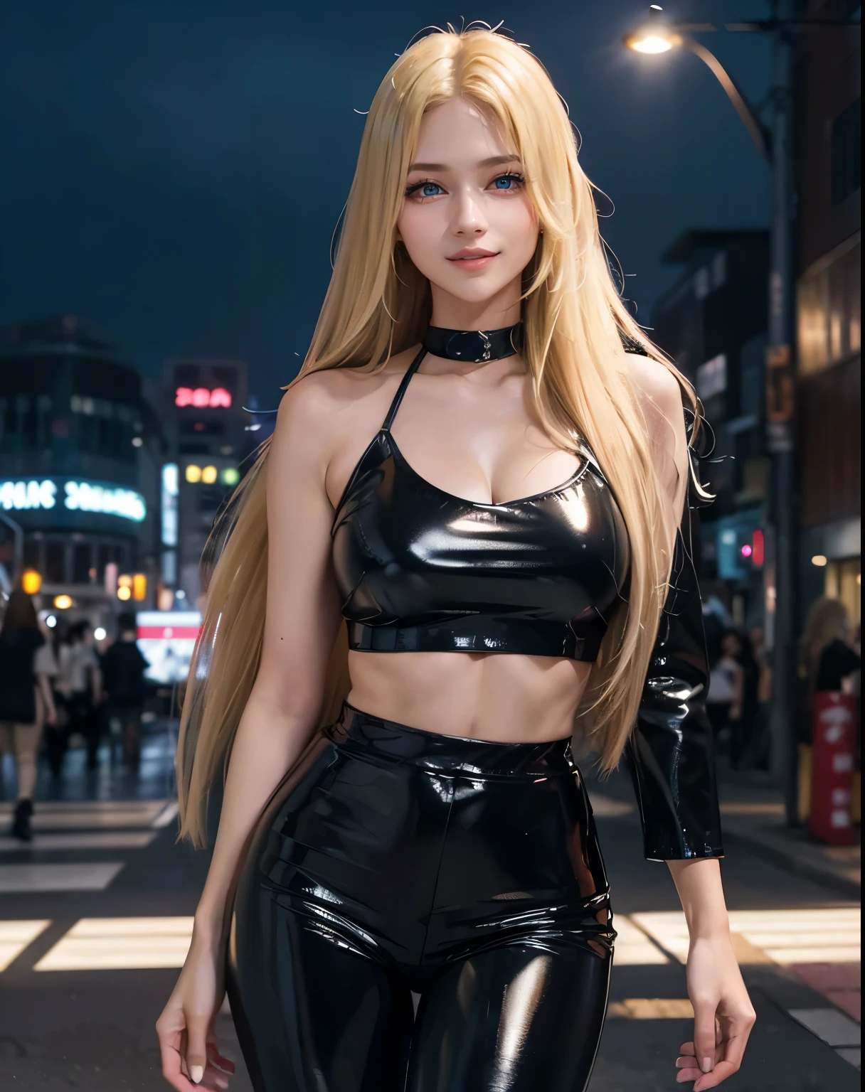 1girl, (Blue Eyes), (smiling :1.2), (Sana Minatozaki), (beautiful makeup :1.2), wide hips, Big tits, big ass, toned legs, shiny body, (Best Quality, 8k, Masterpiece: 1.3), Clear Focus: 1.2, Perfect Body Beauty: 1.4, strong abs, Highly detailed face and skin texture, detailed eyes, double eyelids, (blond long straight hair :1.3), cleavage, (black elegant clothes :1.2), (black dress pants :1.3), standing, dynamic pose, in the Ginza neighborhood at night, Tokyo Japan at night