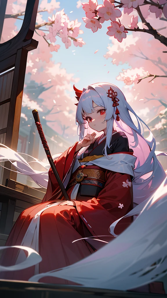 shrine maiden of ancient japanese shrine, pretty girl, kimono, long white hair, ruby red eyes, Princess, Kaguya, Haori, , Wield the shrine maiden&#39;s staff, summon spirits and ghosts, Ghosts and spirits fly around her, morning, blue sky,very detailed, vivid appearance, creative action, very detailed, imaginative, , Voluntary, highest quality, skin texture, intricate details, (cinematic lighting), Raw photo, 8K, masterpiece,highest quality,Super detailed,very detailedイラスト,very detailed,intricate details,High resolution,超intricate details,very detailed 8K cg wallpaper,cherry blossoms,cherry blossomsの巨木,cherry blossomsが舞う,cherry blossoms並木,Rin々new expression,sitting