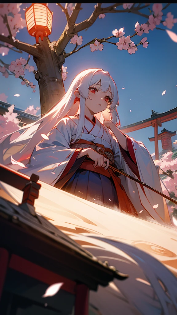 shrine maiden of ancient japanese shrine, pretty girl, kimono, long white hair, ruby red eyes, Princess, Kaguya, Haori, , Wield the shrine maiden's staff, summon spirits and ghosts, Ghosts and spirits fly around her, morning, blue sky,very detailed, vivid appearance, creative action, very detailed, imaginative, , Voluntary, highest quality, skin texture, intricate details, (cinematic lighting), Raw photo, 8K, masterpiece,highest quality,Super detailed,very detailedイラスト,very detailed,intricate details,High resolution,超intricate details,very detailed 8K cg wallpaper,cherry blossoms,cherry blossomsの巨木,cherry blossomsが舞う,cherry blossoms並木,Rin々new expression,sitting