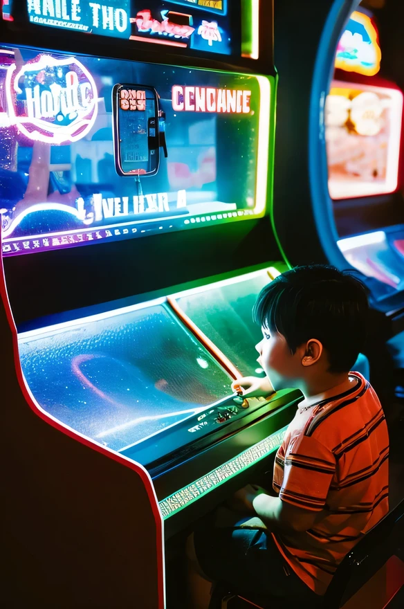 Iris, 1boy, alone, Genuine, Highest quality, masterpiece, 8k, High Definition, alone, HDTV Face, Soft lighting, (looking at the camera), (Portraiture: 0.6), whole body, smile, Open your mouth,I have a gachapon,Japan Game Center,Proud of it