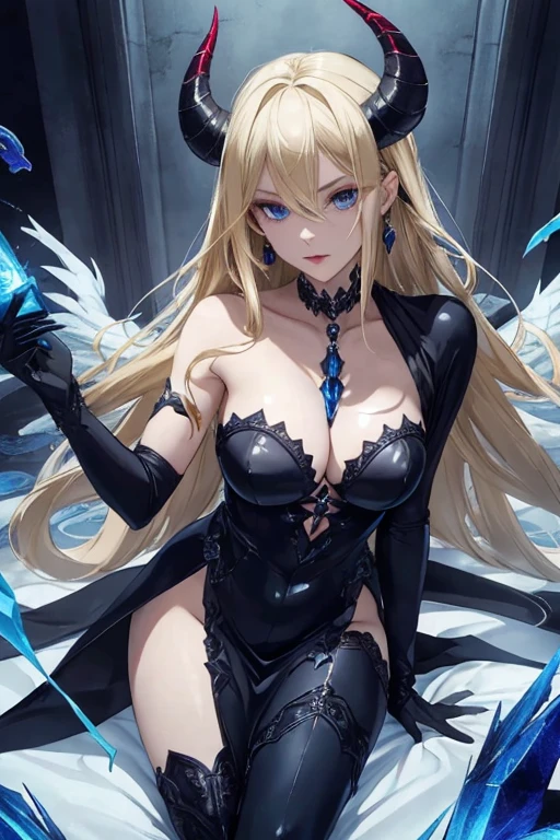 ((highest quality)), ((masterpiece)), (be familiar with), perfect face、Enchanted body、unparalleled beauty

（blonde、blue eyes、semi-long、transformation heroine、black gemstone earrings、Large Red Gem Pendant、black engagement ring、devil's horns、long devil tail、Big devil's wing、luxurious costume、rape eyes、No eye highlights、Demon King's Wife、Demon Queen、Demonization、blue skin）

evil female executive、black costume、black bondage、Black Pitch Resuit、Wicked Circlet、evil depravity、brainwashing、Obscene lines、black boots、black dress、blue skin
