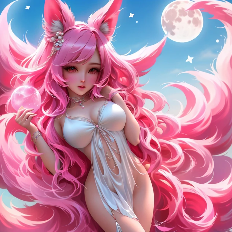 (best quality, 4k, highres), blue suit, long legs, beautiful pony ears, gorgeous long pink hair (with fly hair effect:1.1), pink tail, fluffy feathers, spread wings, sky background with moon, hand in hand in hair.