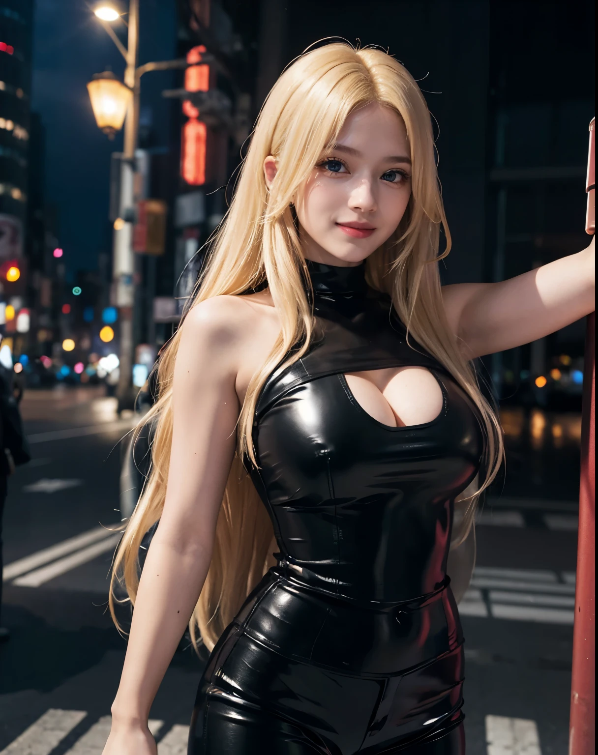 1girl, (Blue Eyes), (smiling :1.2), (Sana Minatozaki), (beautiful makeup :1.2), wide hips, Big tits, big ass, toned legs, shiny body, (Best Quality, 8k, Masterpiece: 1.3), Clear Focus: 1.2, Perfect Body Beauty: 1.4, strong abs, Highly detailed face and skin texture, detailed eyes, double eyelids, (blond long straight hair :1.3), (black tube top :1.2), tight tits, (black leather pants :1.3), standing, dynamic pose, in the Ginza neighborhood at night, Tokyo Japan at night