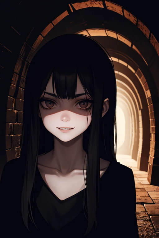 Pale, Creepy 19 year old girl, darkness, dark tunnel, night Time, smirk, blood on her face,