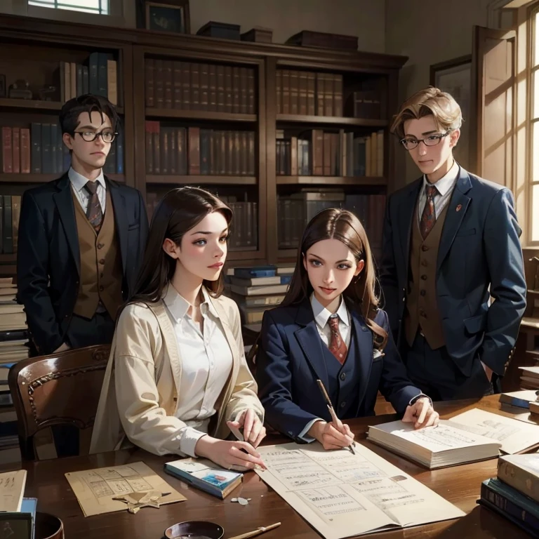 portrait of Robert, Edward, Tom, Anne and Bella in Senior High School, oil painting, vibrant colors, natural lighting, (best quality, highres, ultra-detailed), scholars, confident expressions, distinctive hairstyles, school uniforms, hero atmosphere, beautiful campus scenery, (realistic:1.37), well-defined features, (Robert) piercing eyes, (Edward) charming smile, (Tom) thick-rimmed glasses, (Anne) elegant posture, (Bella) graceful movements, (Bella) long flowing hair, (Robert) holding a book, (Edward) playing a musical instrument, (Tom) give attention to anne, (Anne) surrounded by art supplies, (Bella) walking through blooming flower gardens, (Robert) passionate about science, (Edward) talented in music, (Tom) excelling in mathematics, (Anne) expressing creativity through painting, (Bella) radiating with confidence, (Daniel) participating in a science competition, (Edward) performing on stage, (Tom) solving a challenging equation, (Anne) showcasing her artwork, (Bella) leading a team, (Robert) discussing with his teammates, (Edward) sharing his musical compositions, (Robert) explaining a math concept, (Anne) receiving recognition for her painting, (Bella) inspiring others with her leadership, (Robert) surrounded by scientific equipment, (Edward) surrounded by musical instruments, (Tom) surrounded by mathematical formulas, (Anne) surrounded by paintbrushes and canvases, (Bella) surrounded by books and papers.