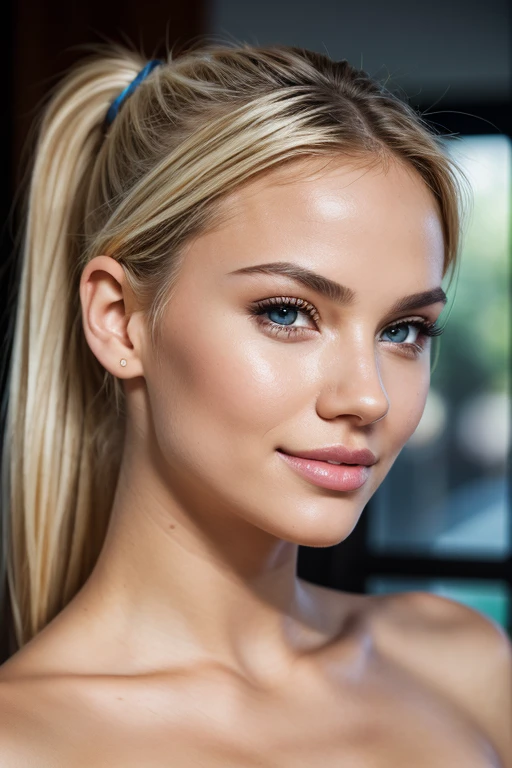 face portrait view perfectly correct facial proportions, smiles seductively , close-up photo of a young 23 year old beautiful, juicy wet lips, full body, chiseled cheekbones, busty, blonde hair full tucked into a ponytail, grey flirtatious eyes with a little squint, hyperrealistic skin texture, slender graceful neck., flawed skin, shot with CANON EOS RP BODY BLACK. 1.4f, bokeh, natural light, highly detailed, masterpiece,