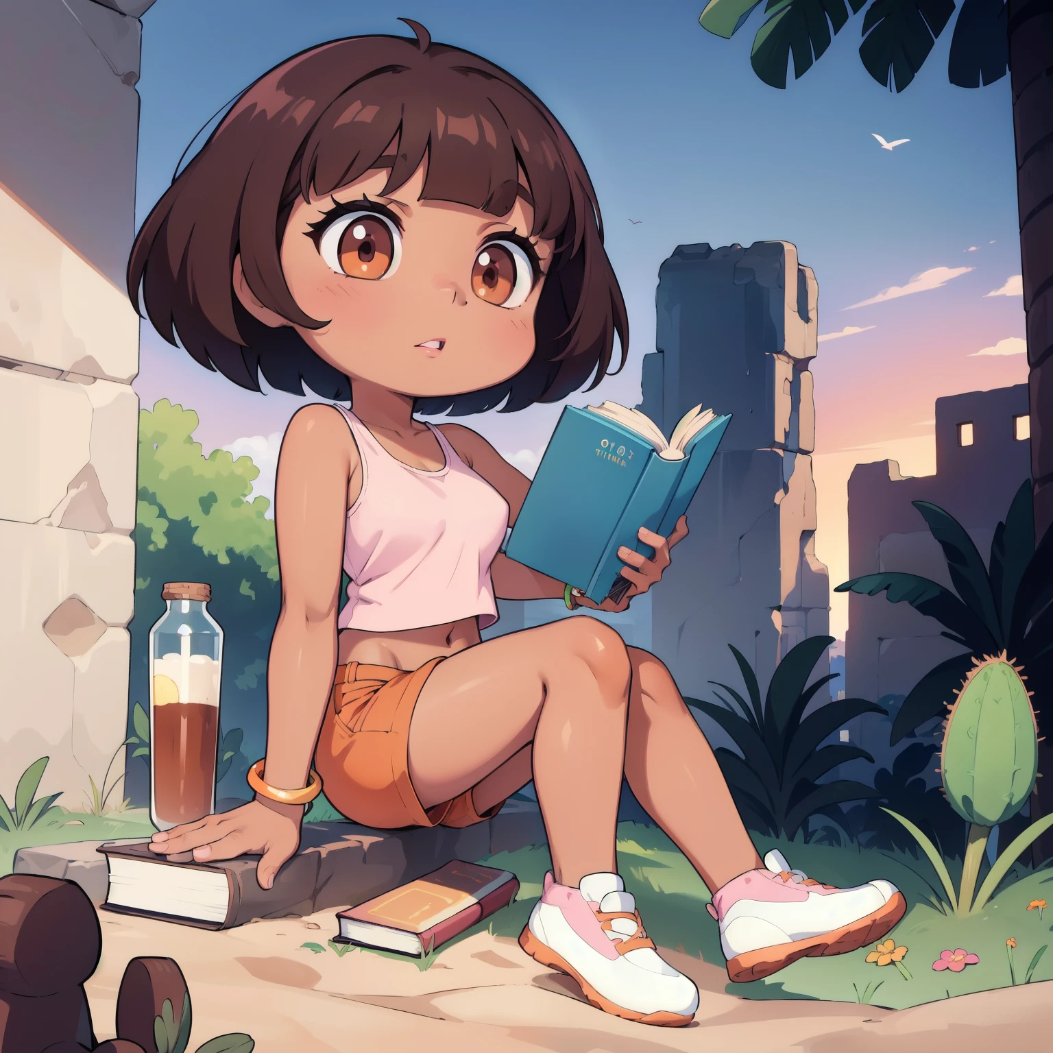 ((masterpiece, best quality)), full body, (solo 0.6), Dora, bracelet, (dark skin 0.6), dark brown hair, short hair, brown eyes, daytime, desert ruins, pink top, orange shorts, holding a book, young, large breasts