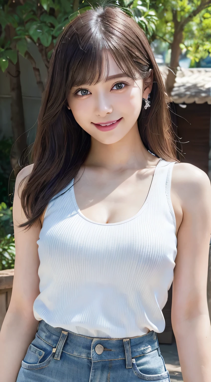 innocent 20 year old girl、((white tank top,jeans, Smile and open your mouth slightly)),smile,shortcut,(natural Park、outdoor、), Raw photo, (8K、highest quality、masterpiece:1.2)、(intricate details:1.4)、(Photoreal:1.4)、octane rendering、Ultra-detailed complex 3D renderings, soft light in the studio, rim light, vivid details, super detail, realistic skin texture, Surface details, Beautiful eyes in every detail, Highly detailed CG Unity 16k wallpaper, compensate, (detailed background:1.2), shiny skin, full body、cleavage,((standing with hands clasped behind the back、leaning forward、Angle from above))