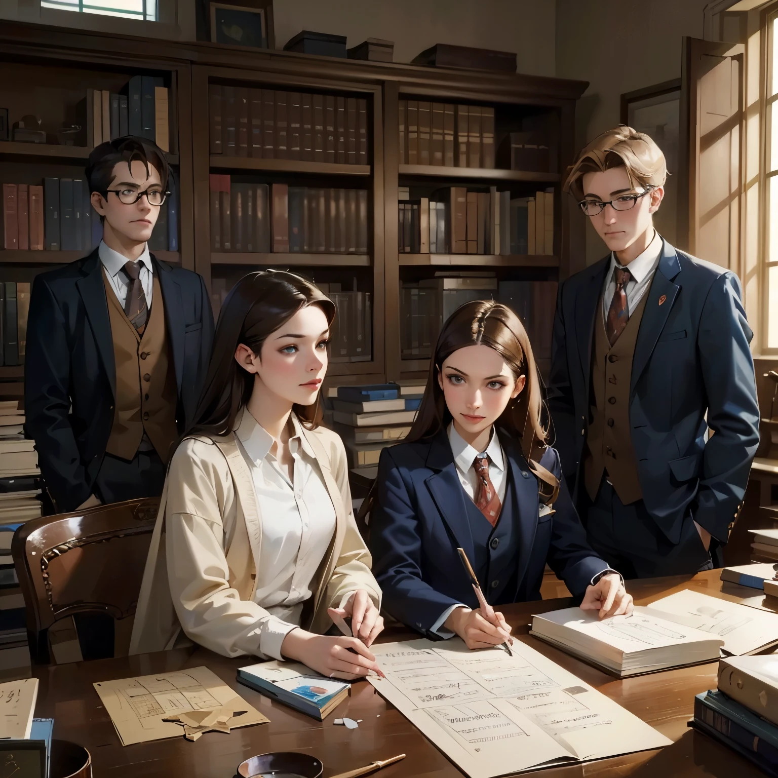 portrait of Robert, Edward, Tom, Anne and Bella in Senior High School, oil painting, vibrant colors, natural lighting, (best quality, highres, ultra-detailed), scholars, confident expressions, distinctive hairstyles, school uniforms, hero atmosphere, beautiful campus scenery, (realistic:1.37), well-defined features, (Robert) piercing eyes, (Edward) charming smile, (Tom) thick-rimmed glasses, (Anne) elegant posture, (Bella) graceful movements, (Bella) long flowing hair, (Robert) holding a book, (Edward) playing a musical instrument, (Tom) give attention to anne, (Anne) surrounded by art supplies, (Bella) walking through blooming flower gardens, (Robert) passionate about science, (Edward) talented in music, (Tom) excelling in mathematics, (Anne) expressing creativity through painting, (Bella) radiating with confidence, (Daniel) participating in a science competition, (Edward) performing on stage, (Tom) solving a challenging equation, (Anne) showcasing her artwork, (Bella) leading a team, (Robert) discussing with his teammates, (Edward) sharing his musical compositions, (Robert) explaining a math concept, (Anne) receiving recognition for her painting, (Bella) inspiring others with her leadership, (Robert) surrounded by scientific equipment, (Edward) surrounded by musical instruments, (Tom) surrounded by mathematical formulas, (Anne) surrounded by paintbrushes and canvases, (Bella) surrounded by books and papers.