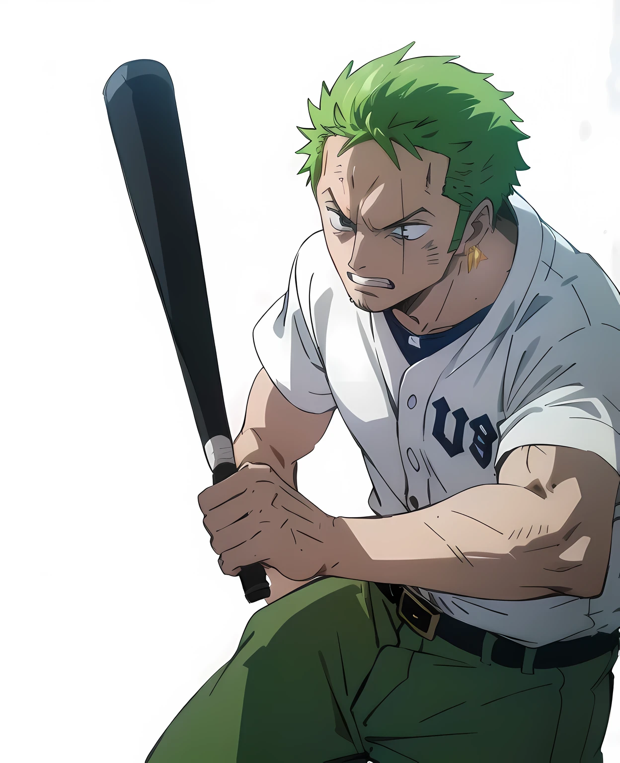 roronoa zoro, handsome face, cool face, badass face, baseball player,sportswear, short green hair, head to waist view, playing baseball, intense baseball match, ((standing still)), ((focused)),((ready to hit the ball)), ((holding a baseball bat)), ((sharp focus)) daytime,indoor lighting,anime style, best quality, unity 8k wallpaper, anatomically correct, (((masterpiece))), (((best quality))), (((ultra detailed))), (((high-resolution))), ((super fine illustration)), ((Badass)), ((detailed face)), ((perfect hands)), perfect finger, ((perfect eyes)), ((muscular body)), Solo, One man,(looking at the screen:1.4), (swinging a baseball bat with both hands:1.5), slash, (dynamic camera angle:1.3), speedy hand moments, action (cool pose:1.3), (badass pose:1.3), good camera angle, (white background:1.5)