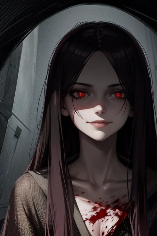 Pale, Creepy 19 year old woman, darkness, dark tunnel, night Time, smirk, blood on her face,