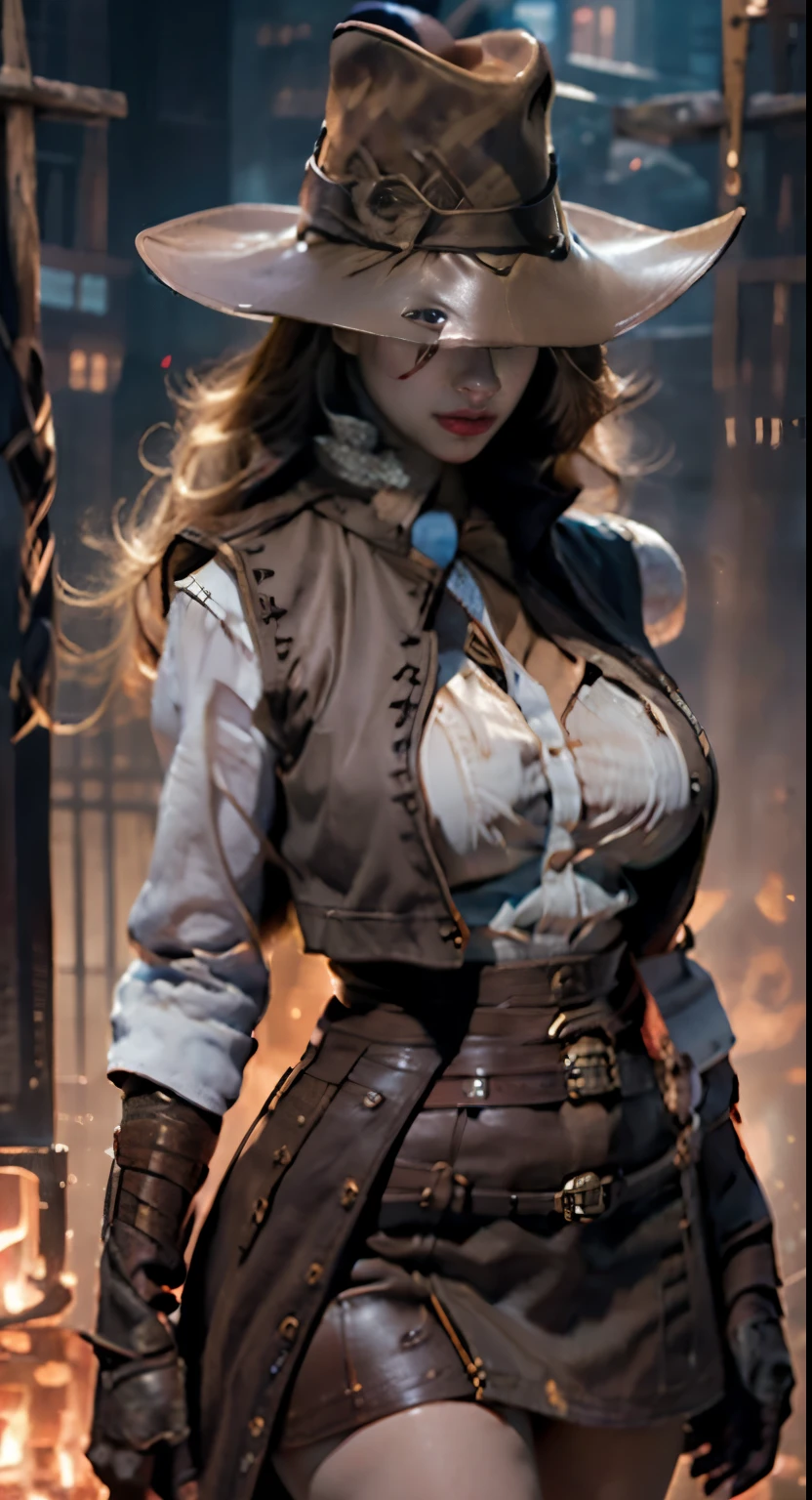 cowboy, A girl with a beautiful face, one, Head hunter , massive perfect breasts, big naked breasts, erect nipples, cowboy hat, leather vest, mini skirt, Cowboy boots, Magical energies, hd, cinematic realistic, hipperrealistic, superrealistic