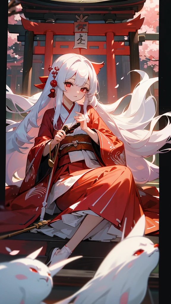shrine maiden of ancient japanese shrine, pretty girl, kimono, long white hair, ruby red eyes, Princess, Kaguya, Haori, , Wield the shrine maiden&#39;s staff, summon spirits and ghosts, Ghosts and spirits fly around her, morning, blue sky,very detailed, vivid appearance, creative action, very detailed, imaginative, , Voluntary, highest quality, skin texture, intricate details, (cinematic lighting), Raw photo, 8K, masterpiece,highest quality,Super detailed,very detailedイラスト,very detailed,intricate details,High resolution,超intricate details,very detailed 8K cg wallpaper,cherry blossoms,cherry blossomsの巨木,cherry blossomsが舞う,cherry blossoms並木,Rin々new expression,sitting