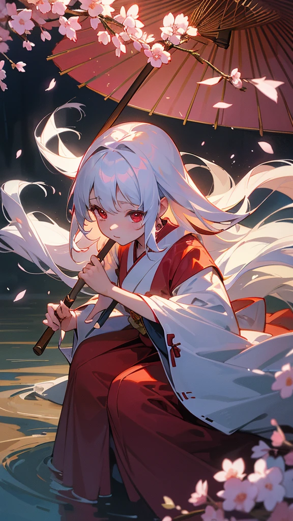 shrine maiden of ancient japanese shrine, pretty girl, kimono, long white hair, ruby red eyes, Princess, Kaguya, Haori, , Wield the shrine maiden's staff, summon spirits and ghosts, Ghosts and spirits fly around her, morning, blue sky,very detailed, vivid appearance, creative action, very detailed, imaginative, , Voluntary, highest quality, skin texture, intricate details, (cinematic lighting), Raw photo, 8K, masterpiece,highest quality,Super detailed,very detailedイラスト,very detailed,intricate details,High resolution,超intricate details,very detailed 8K cg wallpaper,cherry blossoms,cherry blossomsの巨木,cherry blossomsが舞う,cherry blossoms並木,Rin々new expression,sitting