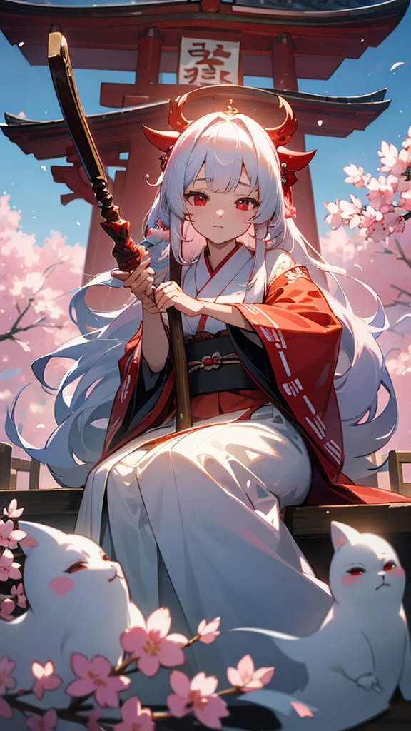 shrine maiden of ancient japanese shrine, pretty girl, kimono, long white hair, ruby red eyes, Princess, Kaguya, Haori, , Wield the shrine maiden's staff, summon spirits and ghosts, Ghosts and spirits fly around her, morning, blue sky,very detailed, vivid appearance, creative action, very detailed, imaginative, , Voluntary, highest quality, skin texture, intricate details, (cinematic lighting), Raw photo, 8K, masterpiece,highest quality,Super detailed,very detailedイラスト,very detailed,intricate details,High resolution,超intricate details,very detailed 8K cg wallpaper,cherry blossoms,cherry blossomsの巨木,cherry blossomsが舞う,cherry blossoms並木,Rin々new expression,sitting