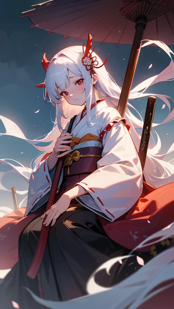 shrine maiden of ancient japanese shrine, pretty girl, kimono, long white hair, ruby red eyes, Princess, Kaguya, Haori, , Wield the shrine maiden's staff, summon spirits and ghosts, Ghosts and spirits fly around her, morning, blue sky,very detailed, vivid appearance, creative action, very detailed, imaginative, , Voluntary, highest quality, skin texture, intricate details, (cinematic lighting), Raw photo, 8K, masterpiece,highest quality,Super detailed,very detailedイラスト,very detailed,intricate details,High resolution,超intricate details,very detailed 8K cg wallpaper,cherry blossoms,cherry blossomsの巨木,cherry blossomsが舞う,cherry blossoms並木,Rin々new expression,sitting