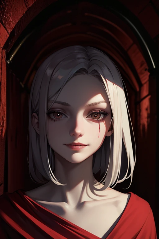 Pale, Creepy 19 year old woman, dim lighting, dark tunnel, night Time, smirk, blood on her face,