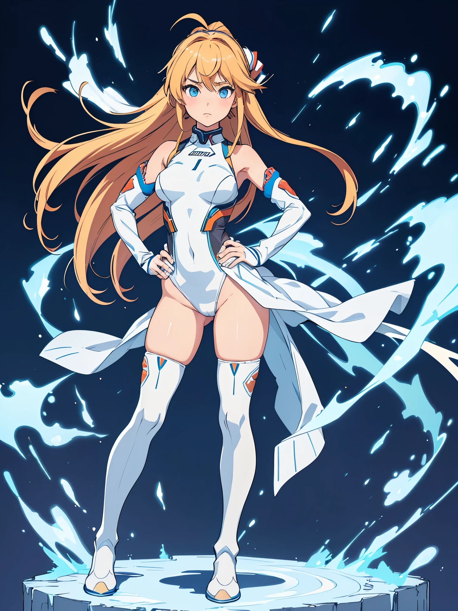 1girl, solo, solo focus, asuka suit under clothes!, full body with costume, white leotard with blue accents, bare legs, white stockings, white boots, blonde hair. long hair, dark blue eyes, beautiful detailed eyes, age 18, ahoge, full body zenkai! asuka suit, full body portrait, body infused with electricity, heroic, standing straight, hands on hip, cowboy shot, factory backdrop