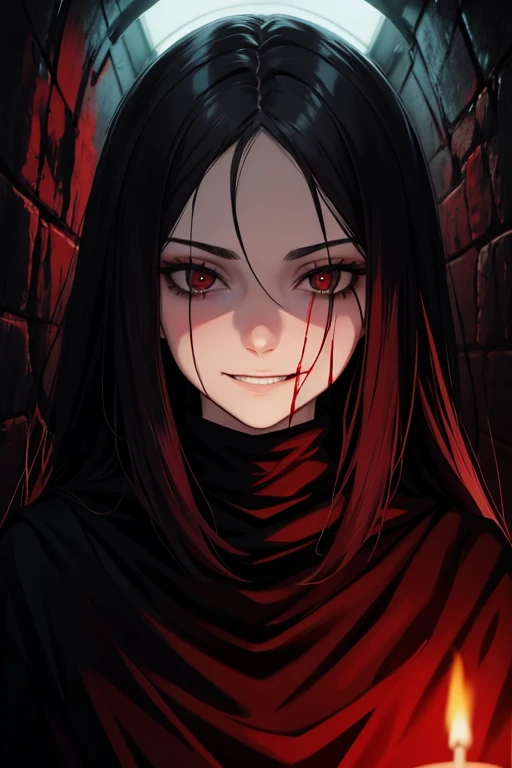 Pale, Creepy cultist, 19 year old woman, low dim lighting, dark chamber, night Time, smirk, blood on her face,