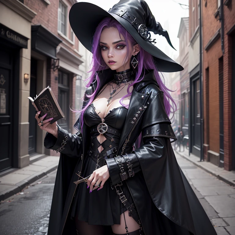 young enchanting witch, chaotic outfit with modern trends, bewitching allure, stylish sorceress, fusion of classic witchcraft and contemporary fashion, asymmetrical design, bold textures, layered garments, edgy streetwear elements, mystical jewelry, spell book or arcane symbols in hand, charismatic presence, urban witch aesthetic, captivating gaze, mystical setting, creative fashion statement, 35mm