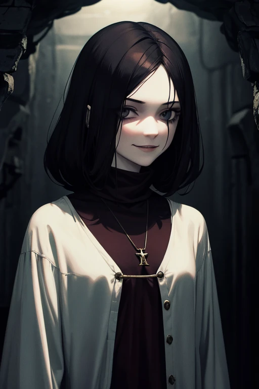 Pale, Creepy cultist, 19 year old woman, low dim lighting, dark tunnel, night Time, smirk, blood on her face,