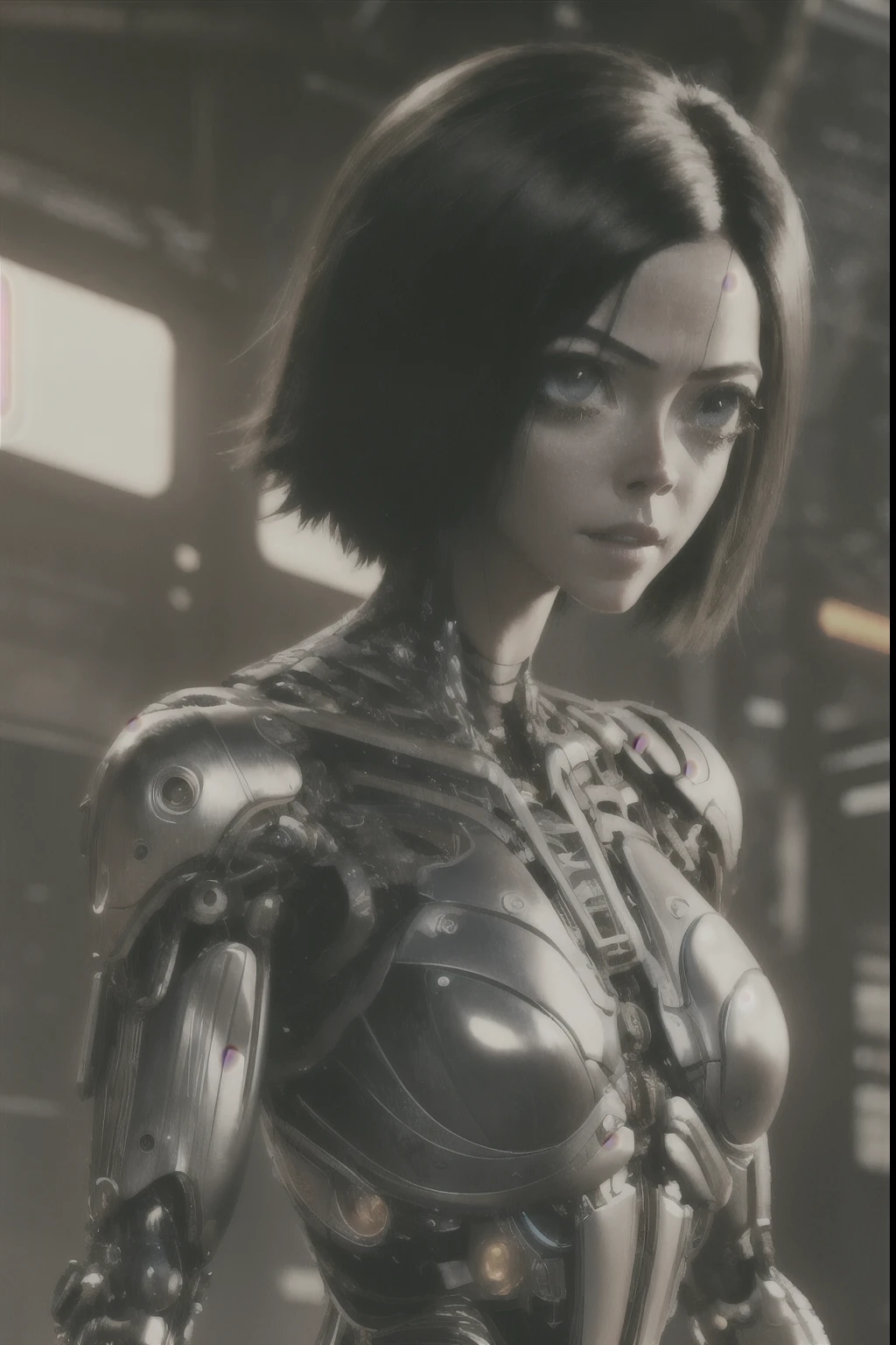  Alita: Battle Angel, (Cyborg Girl:1.2), Sci-Fi, Cyberpunk UHD, HDR, 16k, ((masterpiece)), Alita Woman, sharp, beautiful, full body, looking forward, (looking forward)